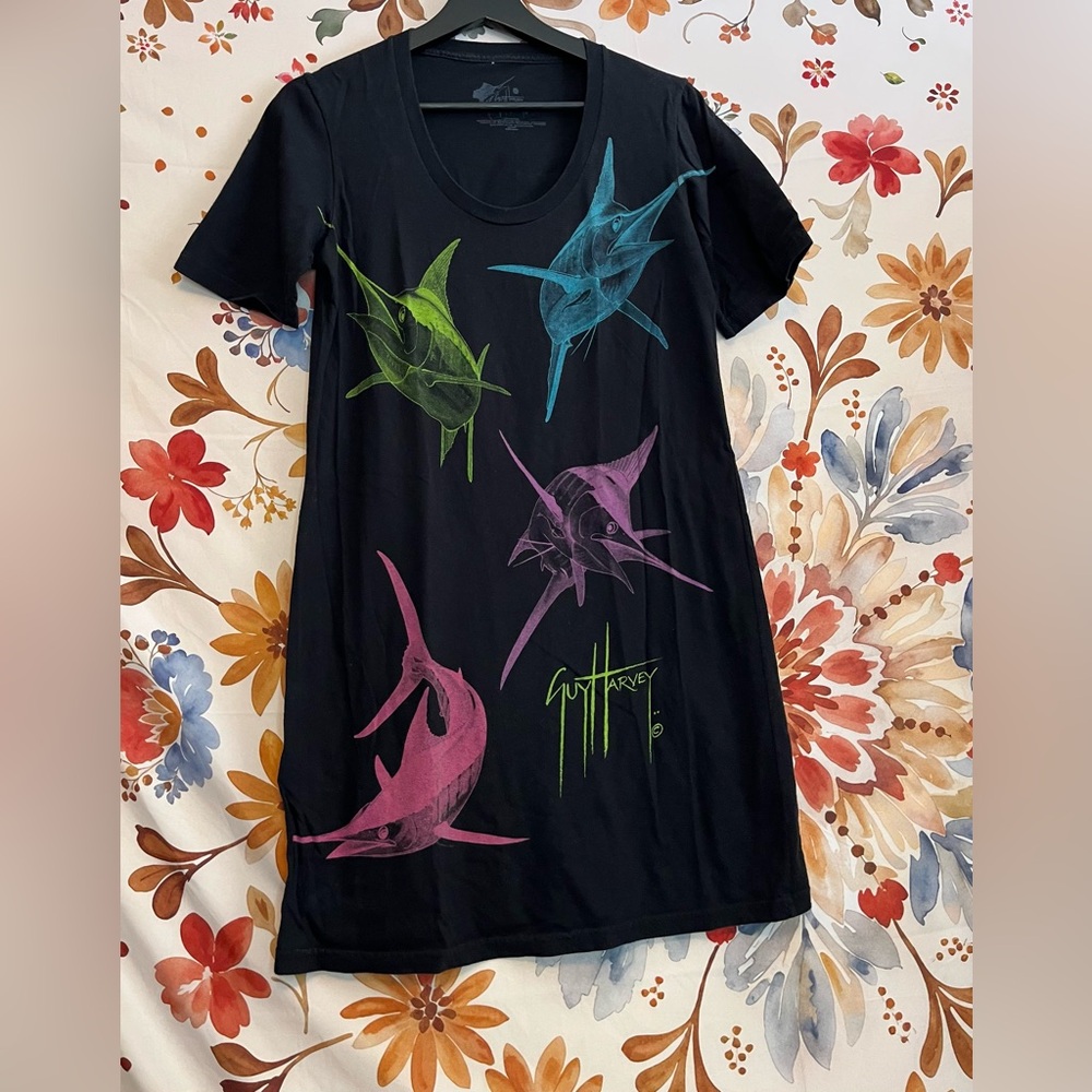 Guy Harvey Girls L Beach Sporty Casual Spring Summer Swordfish Neon Shirt Dress